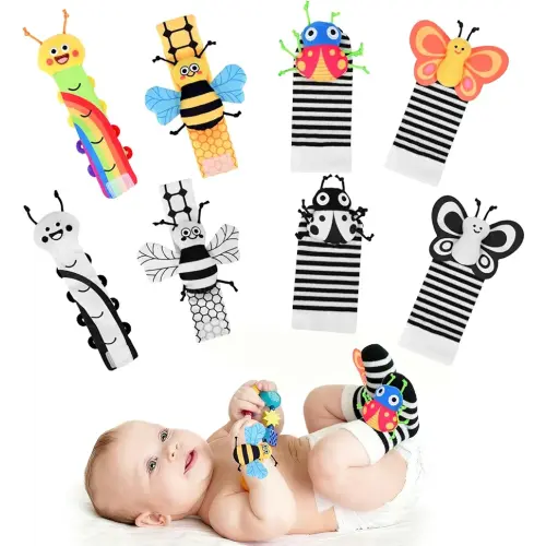 Baby Wrist Rattle & Foot Finder Set, Black - White + Colorful Bug Design, Sensory Toys for 0-12 Months Newborn, Brain Development Infant Rattles, Ideal Baby Shower Gifts