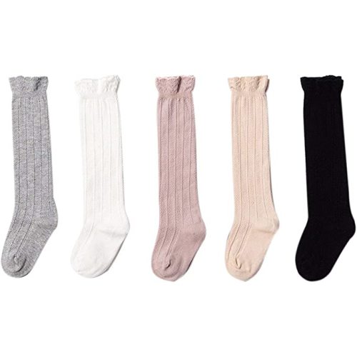 Kaariss Baby Girls Boys Toddlers No Seam Cotton Knee High Socks Tube Ruffled Stockings 5 Pack - 5 Colors