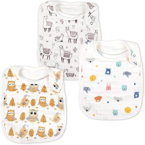 Snap Muslin Bibs for Boys & Girls, 3-Pack Baby Bibs for Infants, Newborns and Toddlers, 100% Cotton Muslin Absorbent & Soft Layers, Adjustable Snaps,"Owl,Bear,Alpaca"