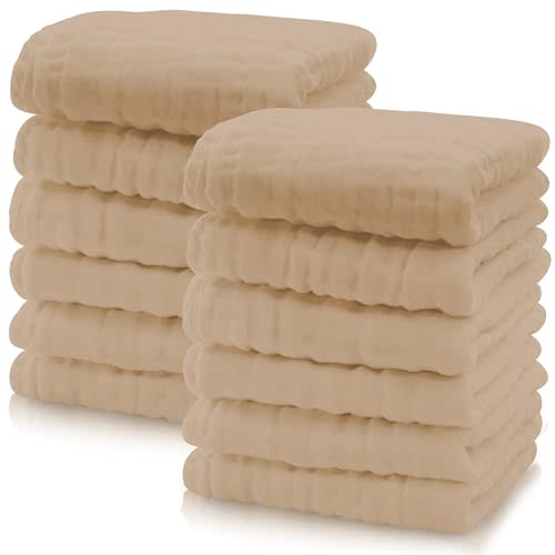Cute Castle 12 Pack Muslin Baby Washcloths - Large 12'' by 12'' - Ultra Soft 100% Cotton - Super Absorbent Burp Cloths for Unisex, Boy, Girl -Brown