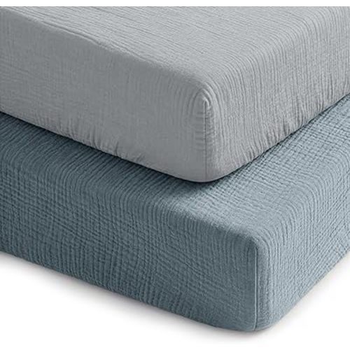 Comfy Cubs 100% Muslin Crib Fitted Sheet 2 Pack, Pacific Blue and Heather - 100% Cotton, Soft & Breathable Crib Sheets for Toddler Mattress - Snug Fit, Secure Elastic with Beautiful Packaging