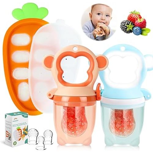 Baby Fruit Food Feeder - Silicone Nibble Tray Combo - Breastmilk Popsicle Mold for Cooling Relief, BPA Free Mesh Feeder for Infant Self Feeding (Monkey Blue Orange + Carrot)