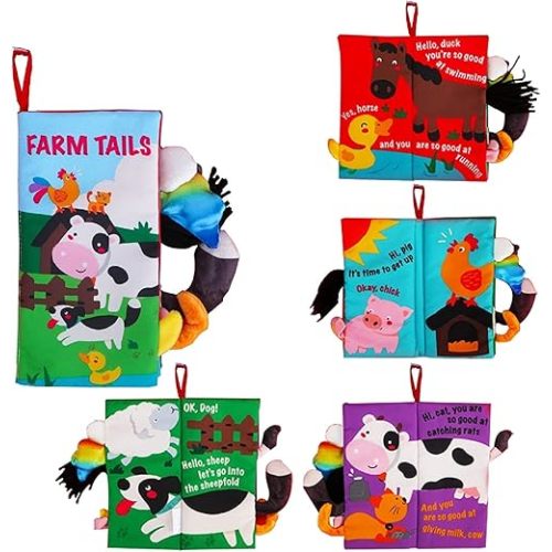 beiens Soft Toys Baby Cloth Books, Touch and Feel Crinkle Books for Babies, Infants & Toddler, Early Development Interactive Car Toys & Stroller Toys for Boys & Girls (Farm Tails-1 Book)