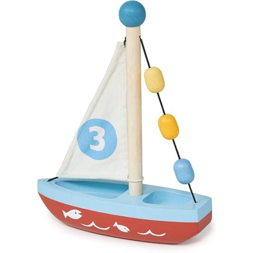 Mentari Toys - Wooden Sailing Boat - Solid Wood Play Boat with Colorful Beads and Fabric Sail - Pretend Play Toy for Toddlers - Inspire Creativity and Storytelling - Age 18m+