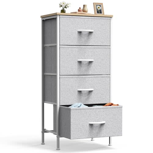 DUMOS Nightstand with 4 Drawers Bedside Table with Removable Fabric Bins Sturdy Steel Frame Wood Top Organizer Furniture for Bedroom Closet Living Room,Light Gray