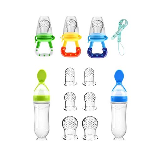 Food Feeder Baby Fruit Pacifier (3 Pcs) with 6 Different Sized Silicone Pacifiers 2 PCS Dispensing Spoon 90ML Spoons Clip Infant Teething Feeders -Blue