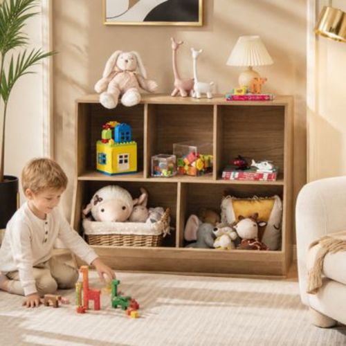 5-Cube Wooden Kids Toy Storage Organizer with Anti-Tipping Kit, Natural