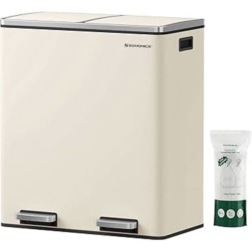 SONGMICS Trash Can, 2 x 8 Gallon (2 x 30 L) Garbage Can for Kitchen, with 15 Trash Bags, 2 Compartments, Plastic Inner Buckets and Hinged Lids, Airtight, Almond Color ULTB201A01