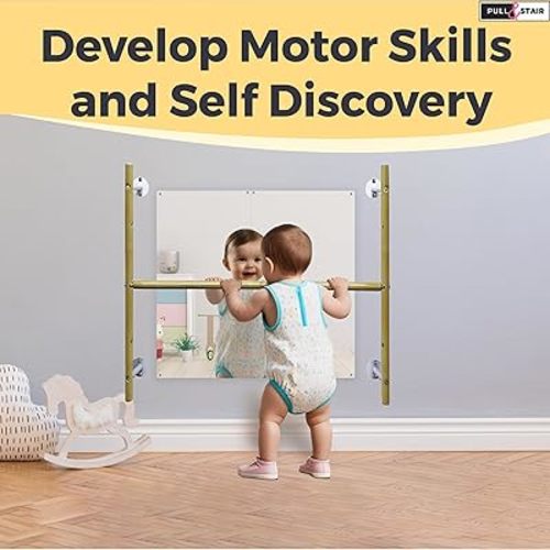 Montessori Coordination Mirror Set - Pull Up Bar and Mirror for Babies, Toddlers | Develop Motor Skills Self-Discovery | Hardware Included | Plexiglass Acrylic Safety & Powder Coated Steel Bar