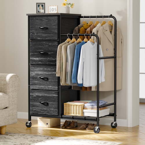 EnHomee Fabric Dresser with 2 Hanging Racks Small Dresser with 4 Drawers for bedroom Small Closet with Clothes Rack, Black