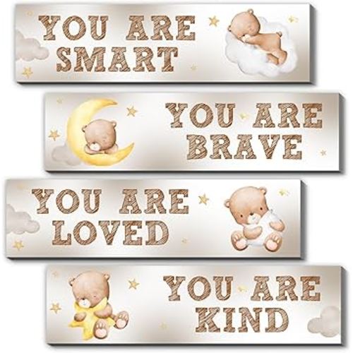 Bear Nursery Wall Decor,Wooden Bear Wall Art for Baby Boy,4PCS Cute Boy Room Decor for Nursery Themes Bathroom Living Room Classroom Home Decoration,Perfect Gifts for Birthday Baby Shower