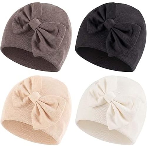 4 Pack Newborn Baby Hats with Bow,Beanies for Babies Boys Girls,Soft Cute Baby Hats 0-3 Months
