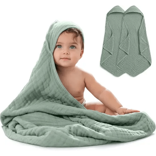 Comfy Cubs Hooded Baby Towel 2-Pack, Large 32 x 32 Inch - 6 Layer 100% Muslin Cotton for Babies, Toddlers and Kids - Soft & Absorbent Baby Bath Towels - Unisex Design for Bath Time - Fern