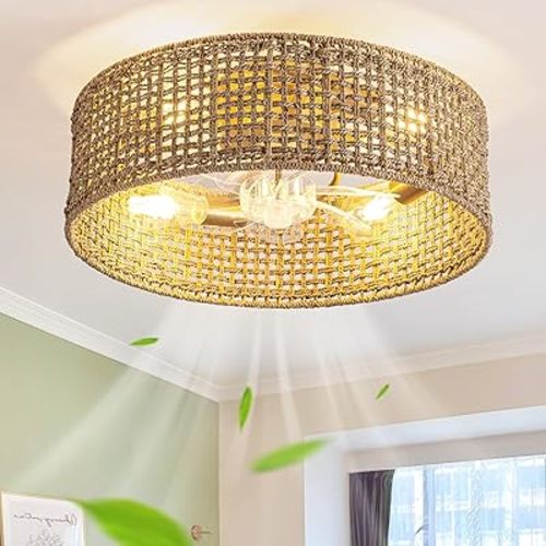 Fandelier Ceiling Fan with Light, 20 Inch Rattan Fans 。Remote Control ，Boho Caged，Handwoven，Flush Mount Low Profile 6 Speeds for Bedroom, Living Room,Dining Room.Yoga Room