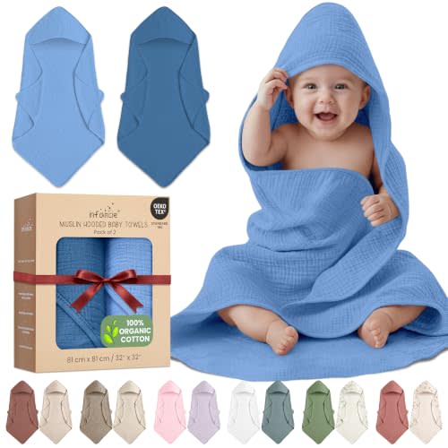 OEKO TEX 100% Organic Cotton 2 PK Muslin Baby Hooded Bath Towel 32x32 in | Oeko-TEX Certified, Bath & Hooded Towels, Towels, Baby Towels For Newborn, Blue/Aquarius Unisex Design, Cozy hood