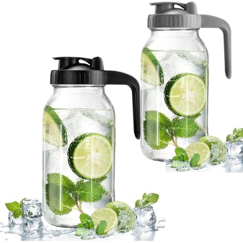 2 Pack Mason Jar with Pour Spout Lid V-shaped, 64 oz Sun Tea Jar Double Leak Proof, 2 Quart Drink Pitcher for Breastmilk, Sun Tea, Juice, Coffee Creamer, Iced Tea Pitcher…