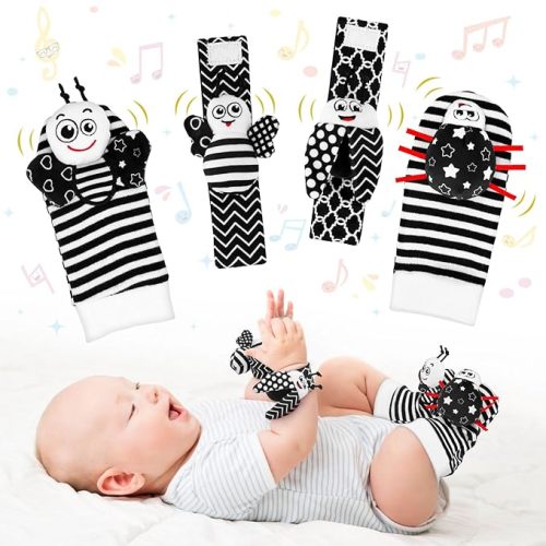 Baby Toys 0-6 Months - High Contrast Wrist Rattle Foot Finder Socks Set for 3 Month Baby Toys Infants, Soft Plush Sensory Rattles for Newborn Boys Girls Essentials Shower Gifts