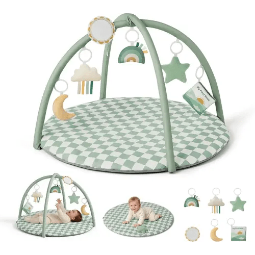 Blissful Diary Baby Play Gym Mat, Play Mat Activity Mat with 6 Detachable Toys for Stage-Based Sensory & Motor Skill Development, Easy to Install & Clean, Baby Essentials Gift, Sage Checkerboard