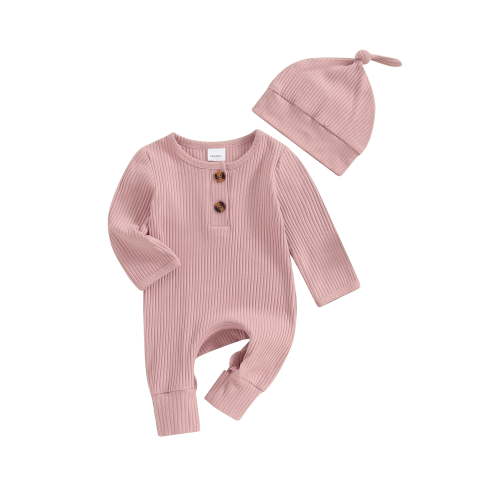 Newborn Baby Girls Boys Romper Bodysuit Long Sleeve Solid Ribbed Jumpsuit Hat Set Coming Home Outfits Neutral Clothes