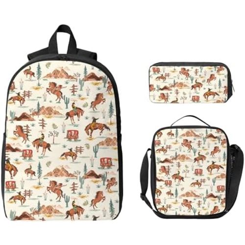 Western School Backpack Kids Girls Boys Teens 3PCS Bookbag with Lunch Box Pencil case Set Lightweight Bag