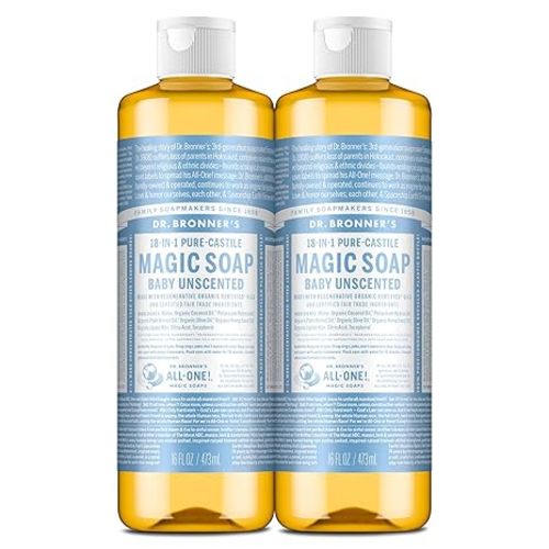 Dr. Bronner's Pure-Castile Magic Liquid Soap (Baby Unscented, 16 Ounce, 2-Pack)- Made with Regenerative Organic Certified Oils, For Face, Hair, Hand & Body Soap, Laundry, Pets- Concentrated, Vegan
