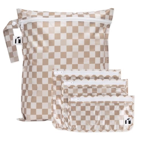 Bumkins Roamio Waterproof Wet Bag & Clear Travel Bags - For Beach, Baby, Travel, Swim Suit, Cloth Diapers, Pump Parts, Pool, Gym, Toiletries - Reusable & Easy to Clean - Beige Check - 4 Pack