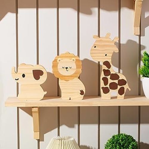 Barydat 3 Pcs Safari Nursery Decor Woodland Animal Nursery Decoration Woodland Wooden Animal Jungle Themed Room Decor Giraffe Lion Elephant Art for Baby Shower Bedroom
