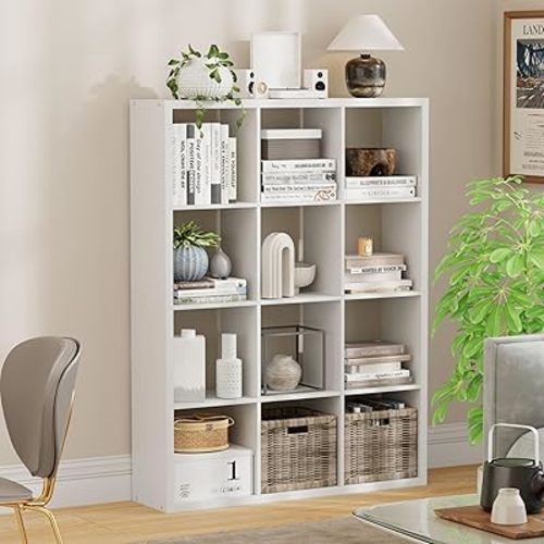 12-Cube Storage Organizer, Wooden Cube Shelf Bookcase with Reinforced Thick Shelves, Heavy-Duty 36.93" L x 9.37" W x 48.82" H, for Living Room Bedroom Home Office, White