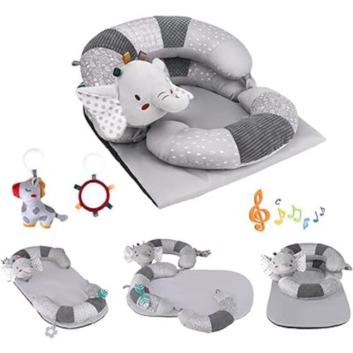 3-in-1 Tummy Time Pillow and Seated Support Playmat with Detachable Early Sensory Toys for Infant, Sitting Support to Prevent Reflux, Portable Gifts for Newborn Boys and Girls (Grey)