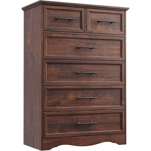 YANSNWO Walnut 6 Drawer Dresser for Bedroom, 44" Tall Chest of Drawers