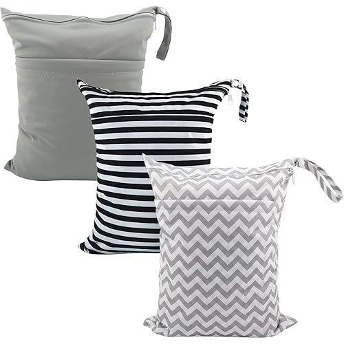 ALVABABY Wet Dry Bags Waterproof Reusable with Two Pockets Travel Beach Pool Daycare Soiled Baby Diaper Items Yoga Gym Bag 3 Packs for Swimsuits or Wet Clothes Sets