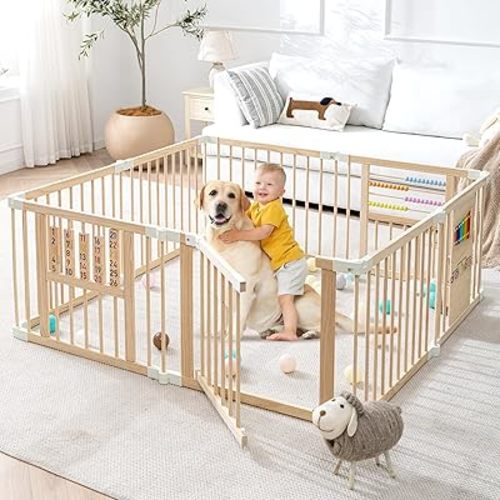 Wooden Playpen & Play Yards for Babies and Toddlers, 57 * 57inch Foldable Wood Baby Play Fence with Sensory Toys, Kids Activity Area Center Indoor Outdoor, Pinewood