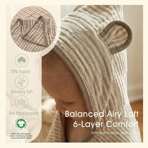 Ultra-Soft Muslin Toddler Hooded Towel – 55 x 28 Inches, Made with Organic Cotton, Gender-Neutral Warm Brown Striped Jacquard Pattern, Ideal for Bath & Beach, Newborn to Toddler