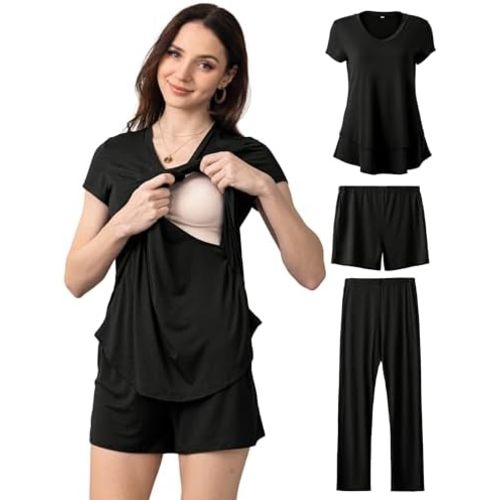 SUNNYBUY 3 PCS Maternity Breastfeeding Pajamas Set, Hidden Nursing Tops, Adjustable Pregnancy Shorts & Pants Postpartum PJS