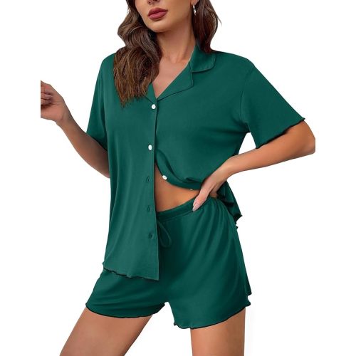 Ekouaer Womens Pajama Sets Button Up Bride Pj Shorts Set 2 Piece Soft Sleepwear Short Sleeve Lounge Sets, S-XXL
