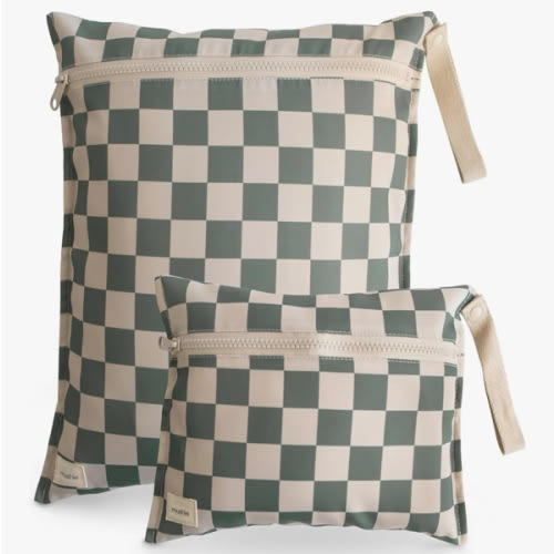 mushie Water Resistant Wet Bags | Large & Small Reusable Storage Bag for Baby Items and Travel | Zippered Pockets with Handle | Machine Washable, Set of 2 (Olive Check)
