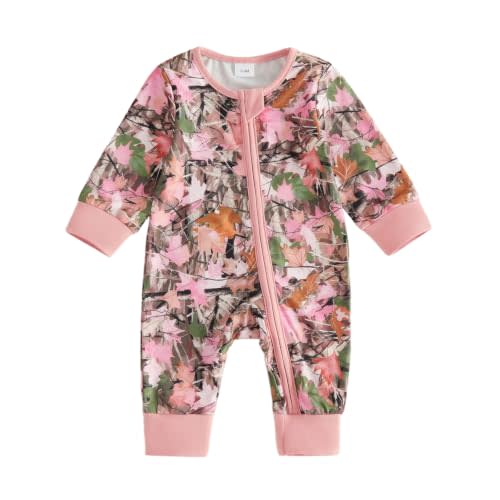 Baby Girl Hunting Outfit Fall Camo Onesie Clothes Romper Jumpsuit | Baby Girl Camo Outfits,Camouflage Maple Leaf Print,Long Sleeve,Zipper Romper,Jumpsuit,Infant Hunting Clothes Fall/Winter