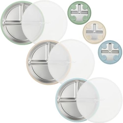 PandaEar 3 Pack Stainless Steel Baby Suction Plates, Divided Toddler Plate for Baby Led Weaning Supplies, Non-Slip Toddler Baby Feeding Set Dishwasher Safe (Blue/Green/Brown, With Lids)