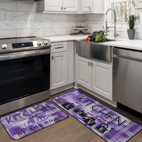 Purple Modern Abstract Kitchen Mats for Floor, Cute Lavender Kitchen Rugs Set of 2 Carpet Area Rug, Vintage Farmhouse Modern Purple Kitchen Decor and Accessories Stuff, 17x30 and 17x47 Inch