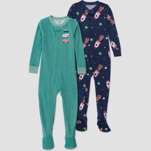 Carter's Just One You® Baby Boys' 2pk Rockets & Truck Long Sleeve Velboa Footed Pajama Set - Navy/Teal 12M