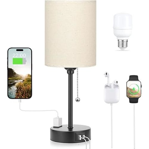 Beige Small Lamps 3 Levels Brightness - 2700K 3500K 5000K Bedside Lamps with USB C and A Ports, Pull Chain Table Lamps with AC Outlet, Nightstand Lamps with Black Metal Base for Bedroom Kids Reading