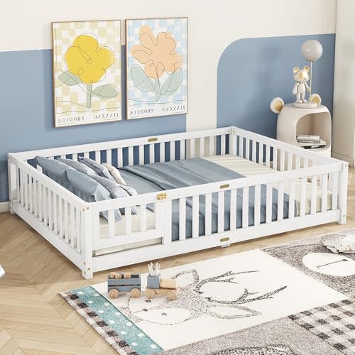 Full Size Montessori Floor Bed with Slats, Door and Guardrails, White | Low Profile Montessori Bed with Fence, Easy Assemble Floor Bed for Kids, Girls and Boys, Full Size Floor Bed