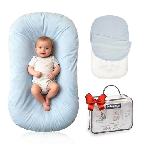 Baby Lounger for Newborn - Snuggle Cozy Me Lounger | Breathable Soft Cotton, 0-24 Months Portable Playtime Baby Nest, Newborn Baby Essentials Gifts - Lake Green(1 Lounger + 1 Cover)