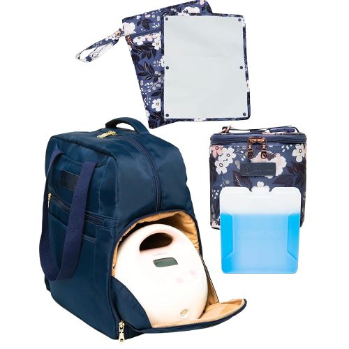 Sarah Wells Kelly Indigo Pump Backpack + Cold Gold Cooler + Pumparoo Set – Le Floral Collection for Calm, Cool, Coordinated Pumping