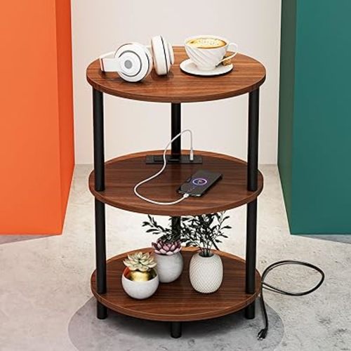 Small Round Side Table - 3-Tier Oval Accent Table for Small Spaces, Rustic Wood and Metal Nightstand for Living Room or Bedroom, with Built-in USB Ports and Power Outlet, Rustic Walnut