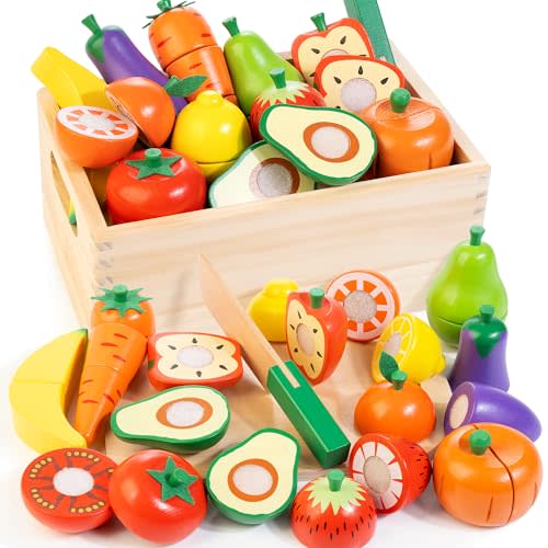 Wooden Play Food for Toddlers, Fruit and Veggies Cutting Set for Kids, Pretend Food Play Kitchen Accessories for 3 4 5 6 7 Years Old Boys & Girls