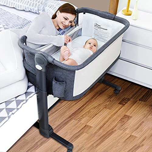 LuckyDove Baby Bassinet,Bedside Sleeper for Baby,Baby Bedside Crib for New Born,Easy Folding Portable Crib,6 Height Adjustable Co-Sleeper with Soft Mattress/Travel Bag,Built-in Wheels (Grey)