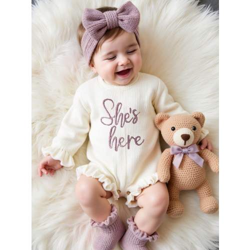 SHEIN 2Pcs Set Dusty Pink Autumn Funny Graphic Newborn Photography Outfits With Matching Bow Headband Knitting Baby Girl Bodysuit Photo Shoot Props