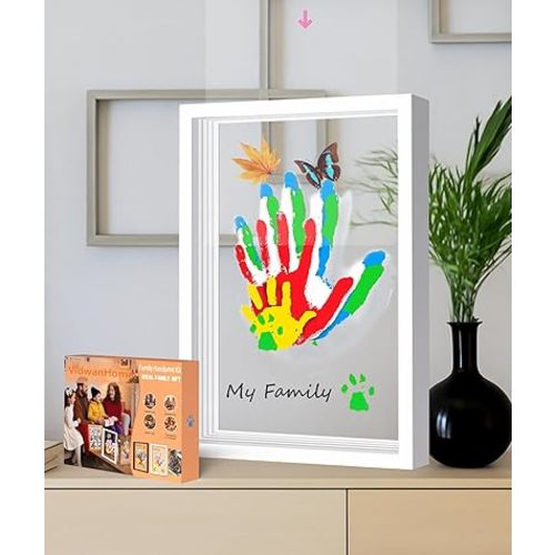 Family Handprint & Hand Casting Kit – DIY Craft Keepsake with Wooden Frame, Non-Toxic Paints, Baby Footprin Kit – Perfect Gifts for Grandparents, New Parents & Families (White, 4 Transparent Sheets)