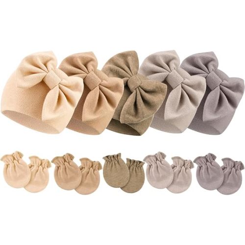 BQUBO Newborn Baby Girls Hats Mittens Set Hospital Hat Beanie Infant Bow Hats Baby Cotton Gloves for 0-6 Months